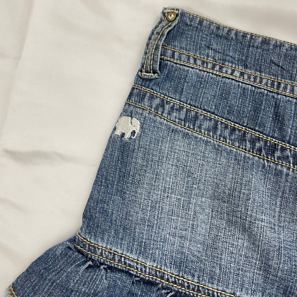 Inside Y2K Ruffle Denim Mini Skirt - Tiered Hem & Logo Patches - W32" (UK 10–12)