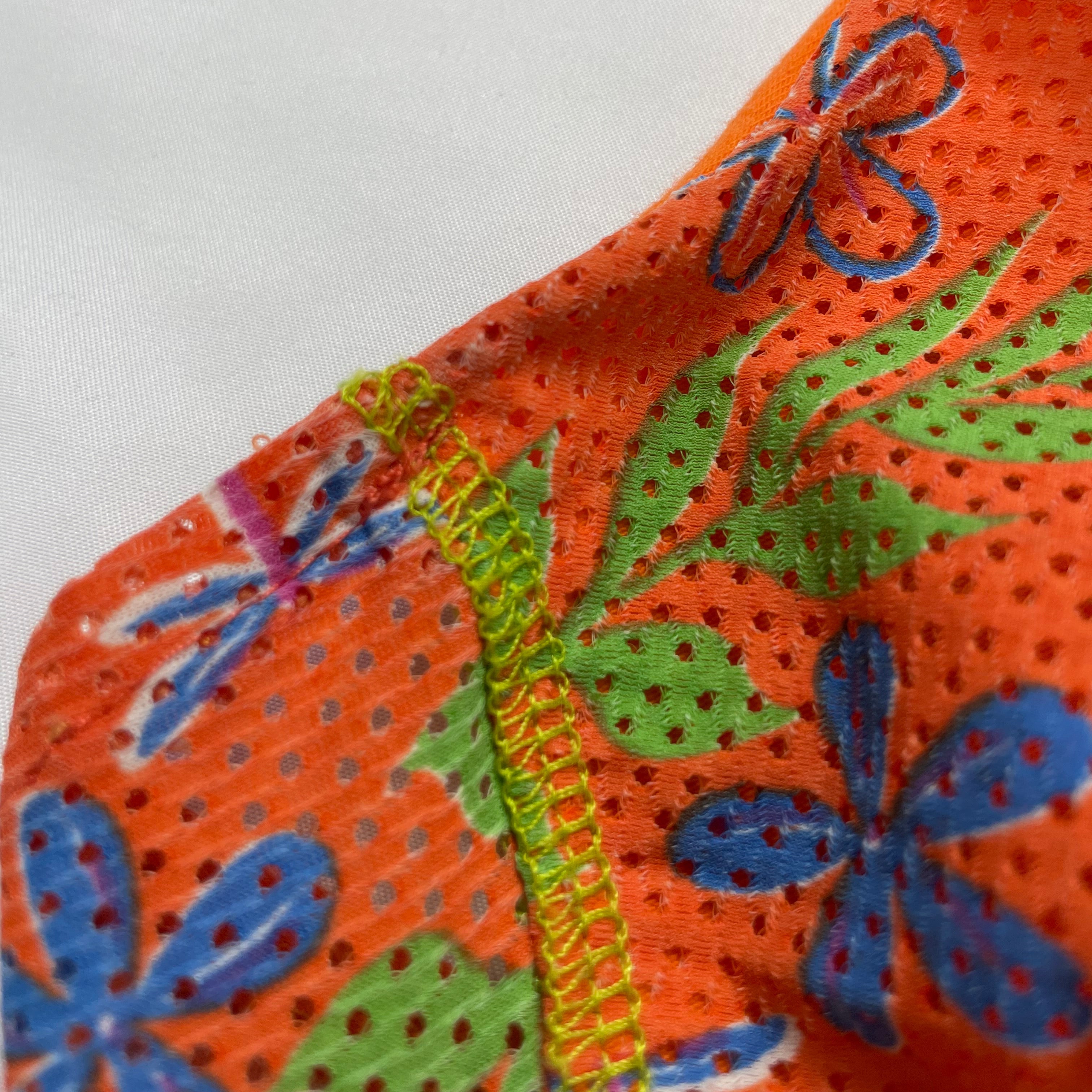 Y2K Orange Mesh Halter Top - Floral Overlay, Neon Stitching (6-8)