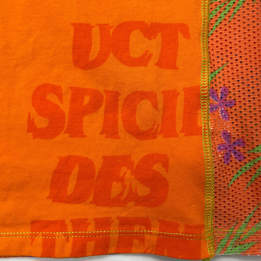 Y2K Orange Mesh Halter Top - Floral Overlay, Neon Stitching (6-8)