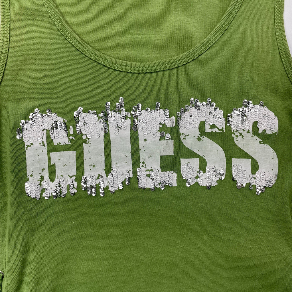 Y2K GUESS Sequin Logo Lace-Up Tank – Olive Green (8-10)
