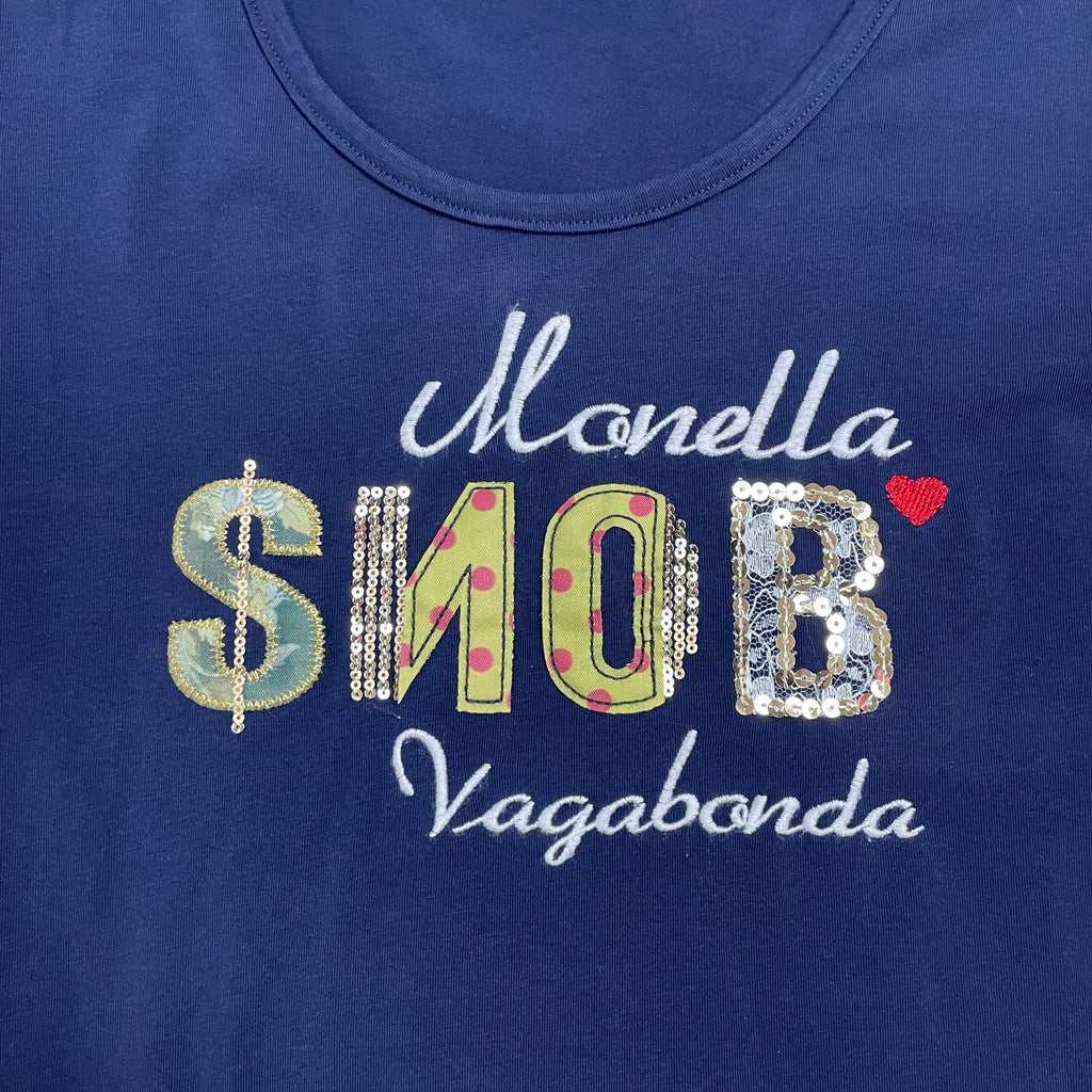 Y2K Monella Vagabonda SNOB Navy Sequin Logo Top | UK 8