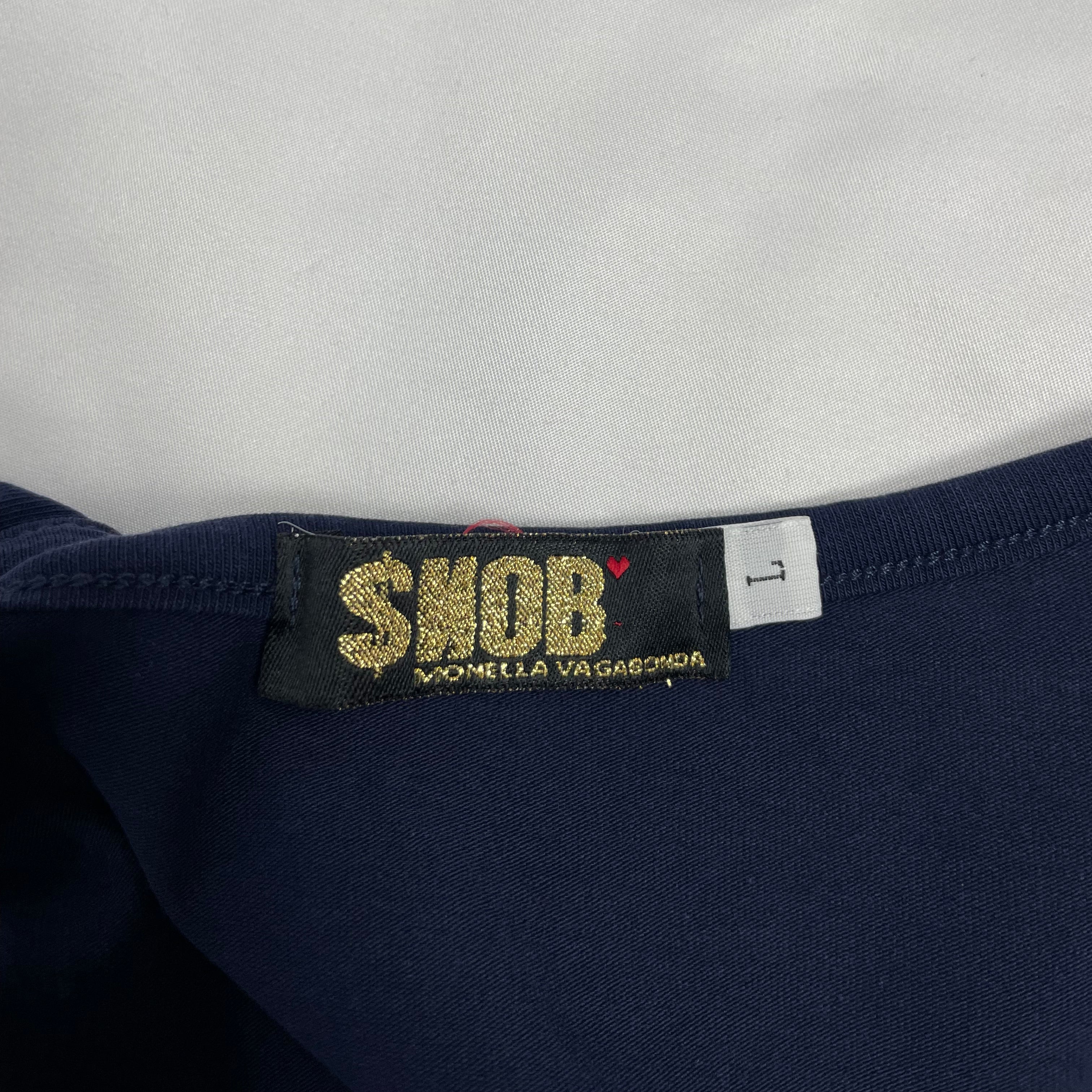 Y2K Monella Vagabonda SNOB Navy Sequin Logo Top | UK 8