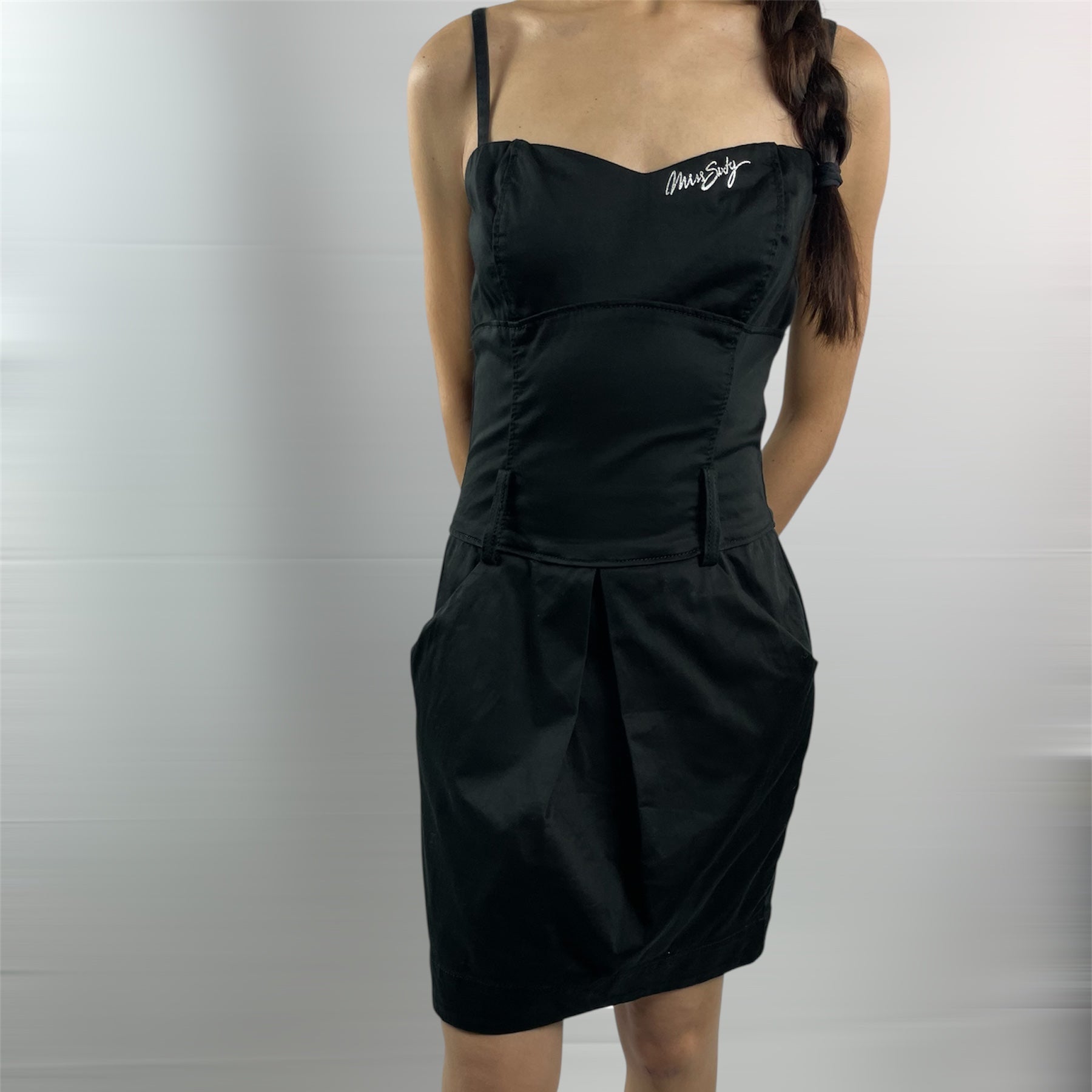 Miss Sixty Satin-Feel Black Mini Dress with Pockets – Made in Italy