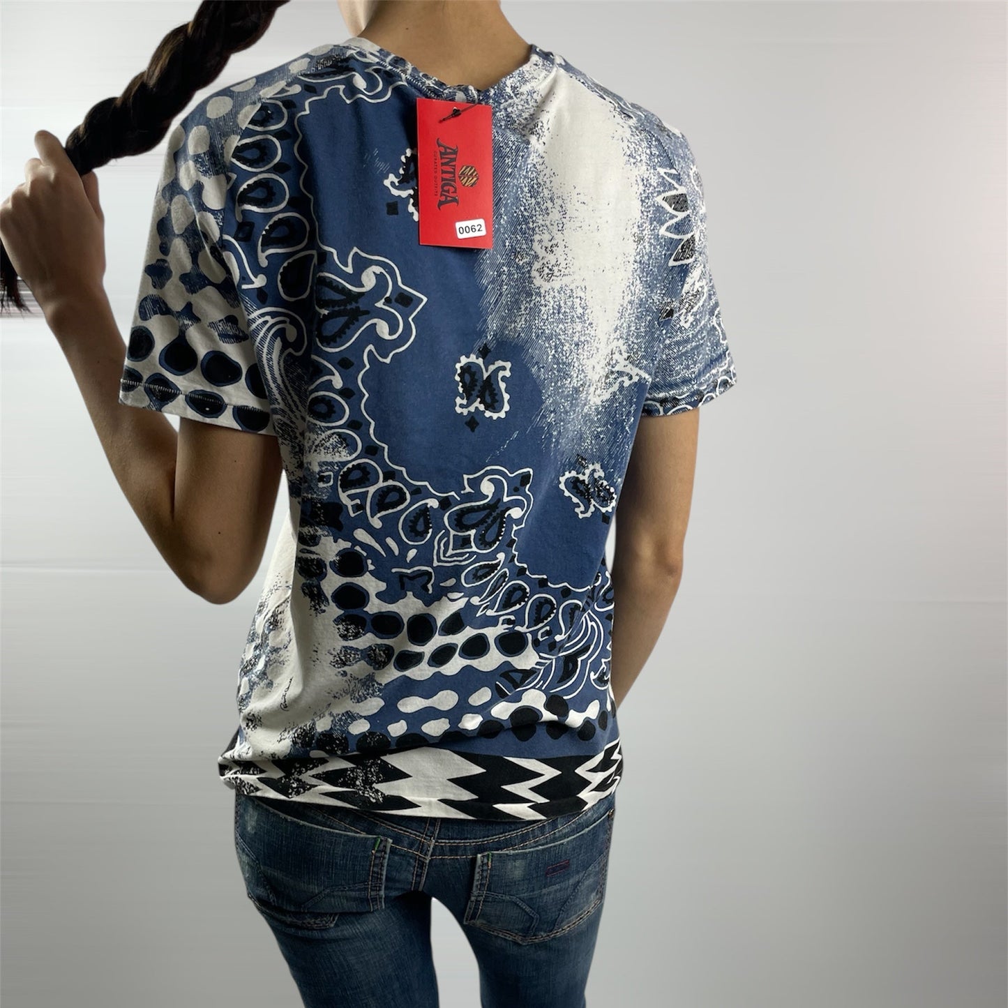 Roberto Cavalli Abstract Cream & Blue Silk-Blend Tee
