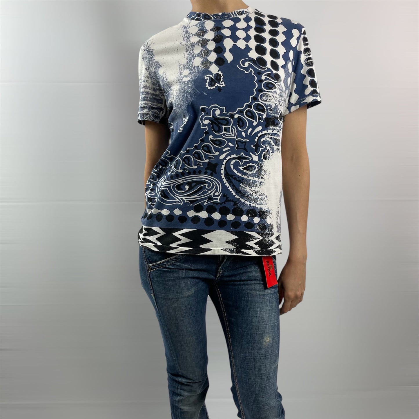 Roberto Cavalli Abstract Cream & Blue Silk-Blend Tee