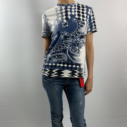 Roberto Cavalli Abstract Cream & Blue Silk-Blend Tee