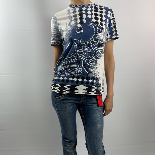 Roberto Cavalli Abstract Cream & Blue Silk-Blend Tee