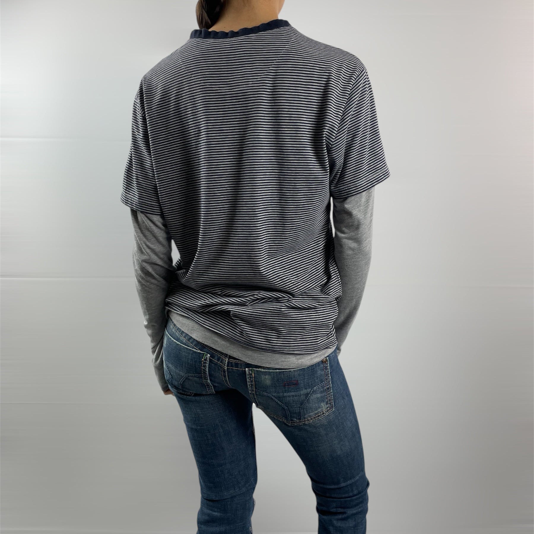 Love Moschino Unisex Layered Stripe Long Sleeve Tee – Grey & Navy