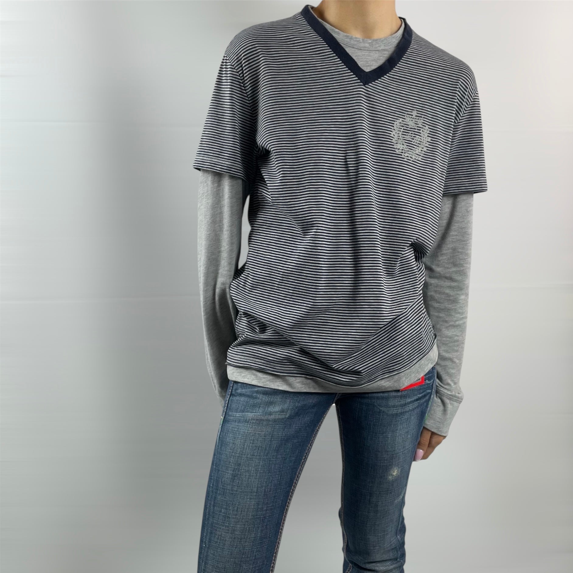 Love Moschino Unisex Layered Stripe Long Sleeve Tee – Grey & Navy