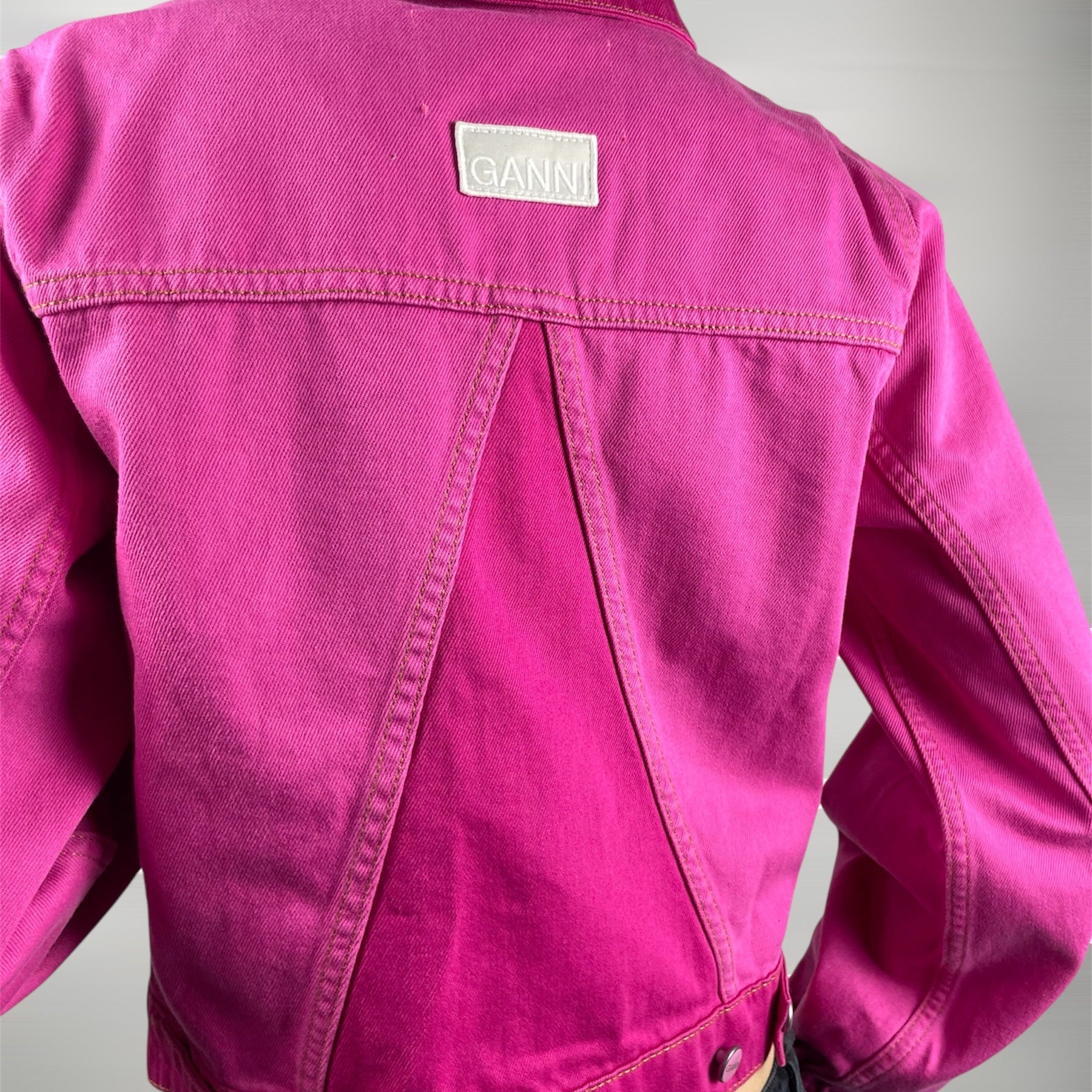 GANNI Two-Tone Pink Cropped Denim Jacket – Size 34 (UK 6–8)