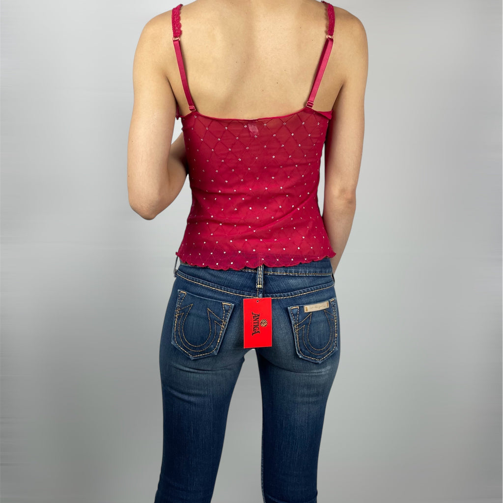 Yamamay Dark Pink Mesh Rhinestone Cami – Y2K Glitter Diamond Top (UK 6-8)