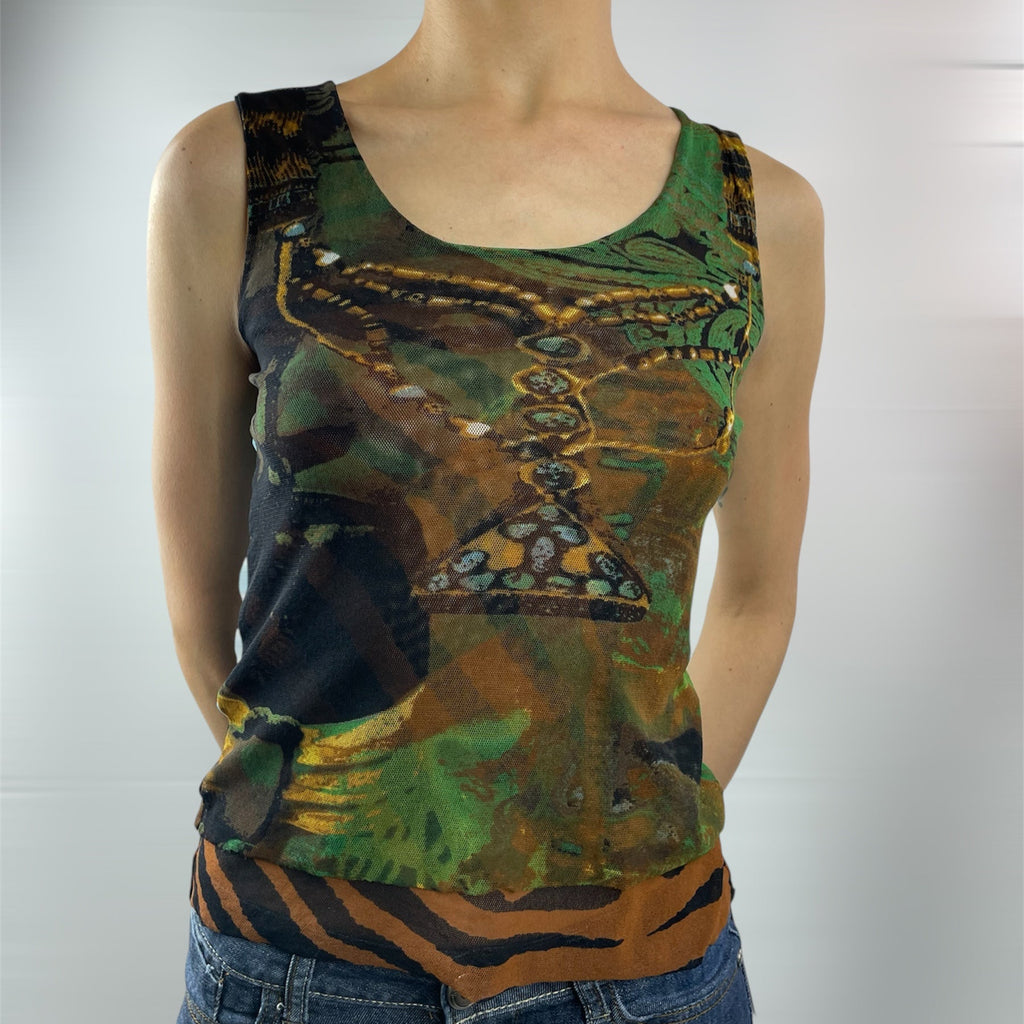 Y2K Tiger & Jewel Print Mesh Tank Top - UK 6-8