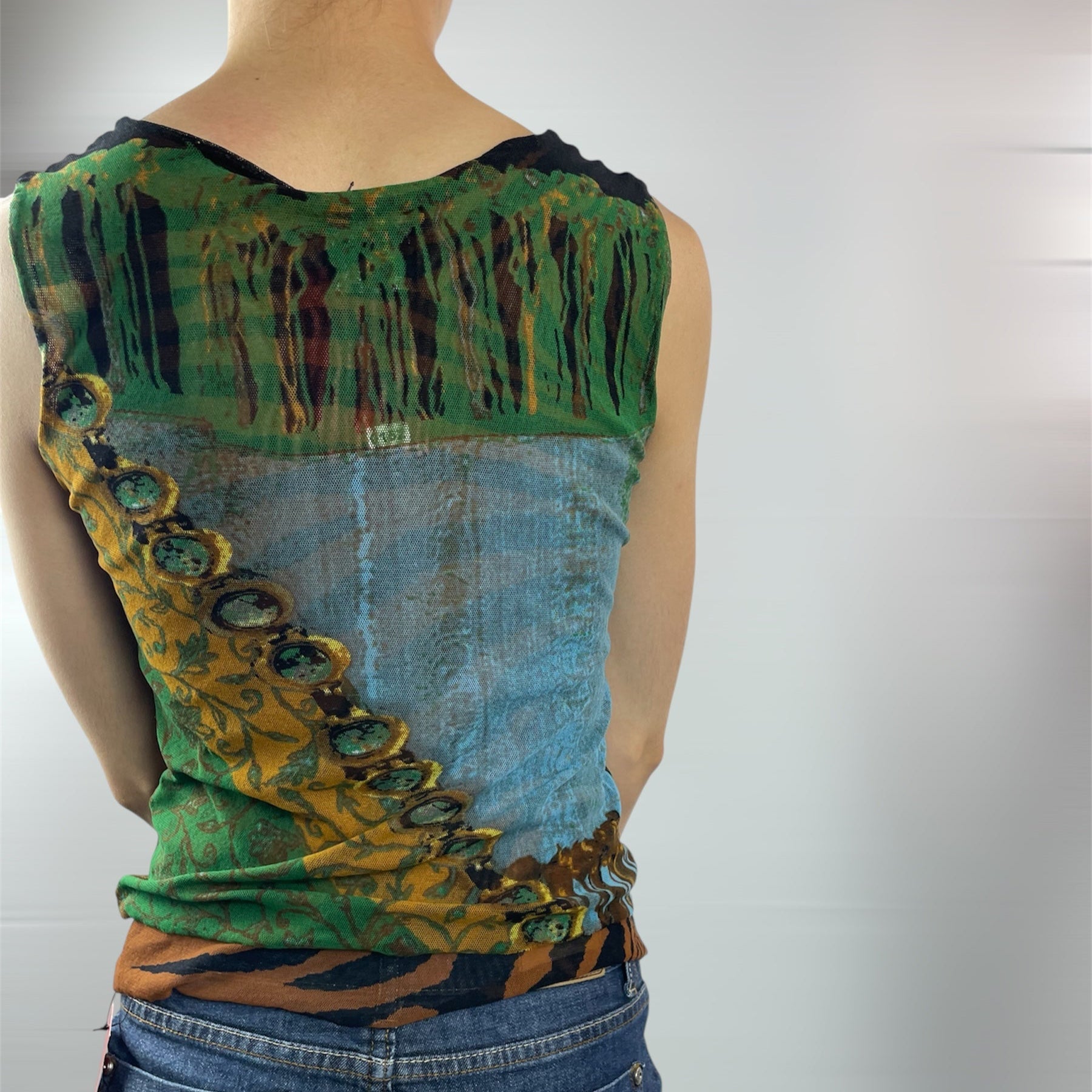 Y2K Tiger & Jewel Print Mesh Tank Top - UK 6-8