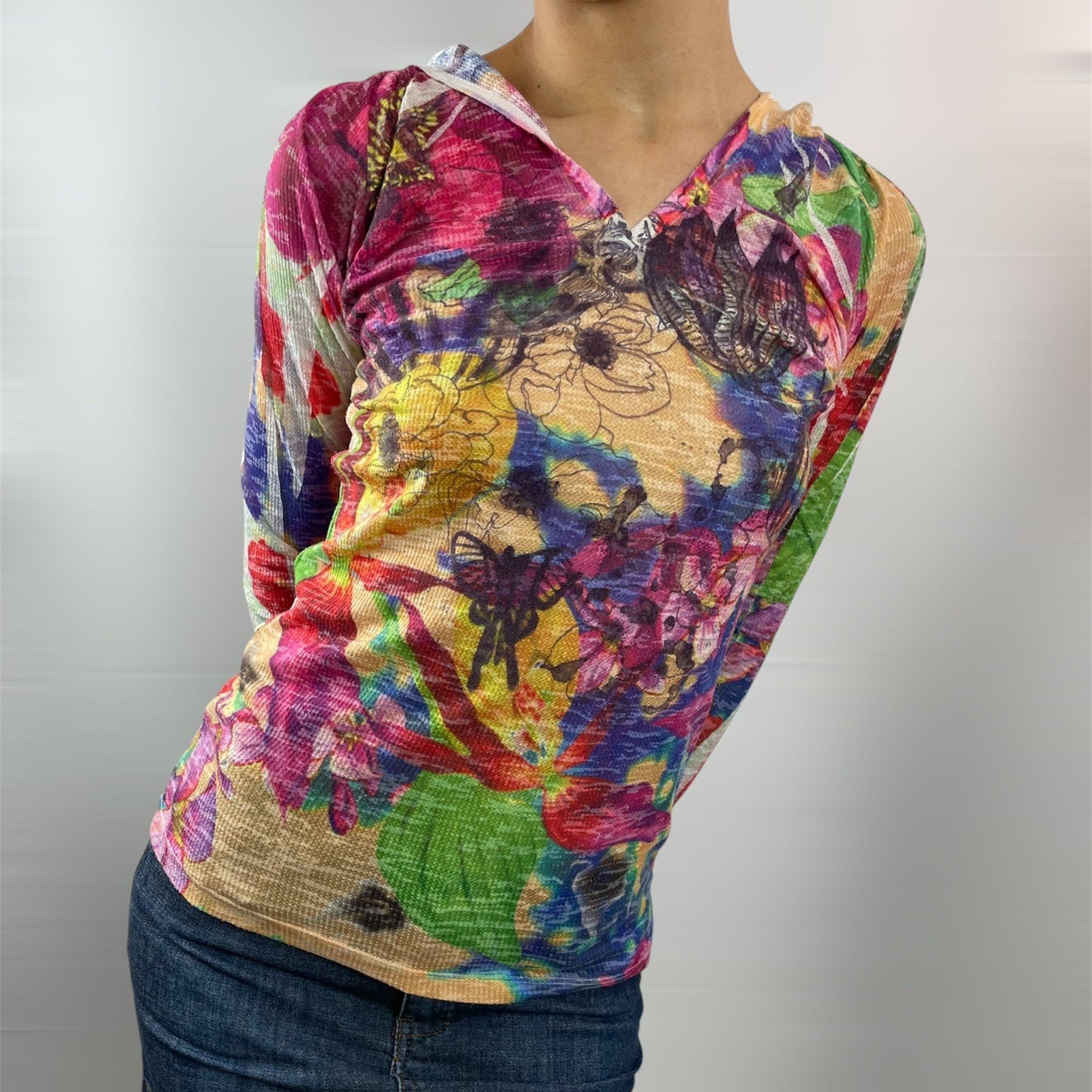 Custo Barcelona Gusto Line Sheer Floral Sketch Lightweight Hoodie - UK 6-8