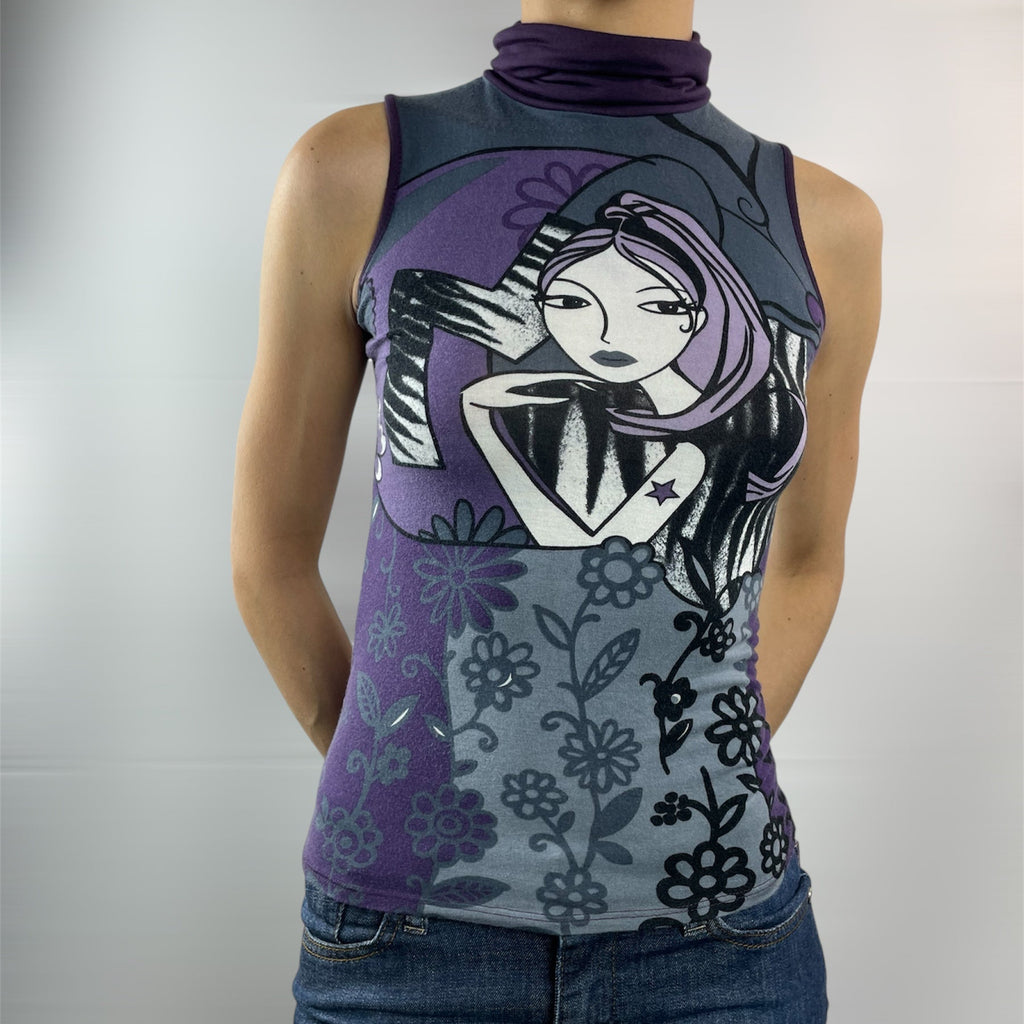 Made in Italy Purple Graphic Portrait Sleeveless Turtleneck Top - UK 6-8