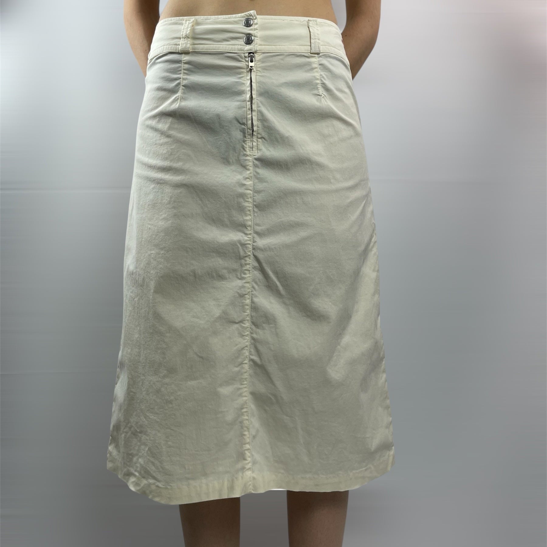 Vintage Fiorucci “Safety Jeans” Light Beige Midi Skirt - UK 8 (28” Waist)