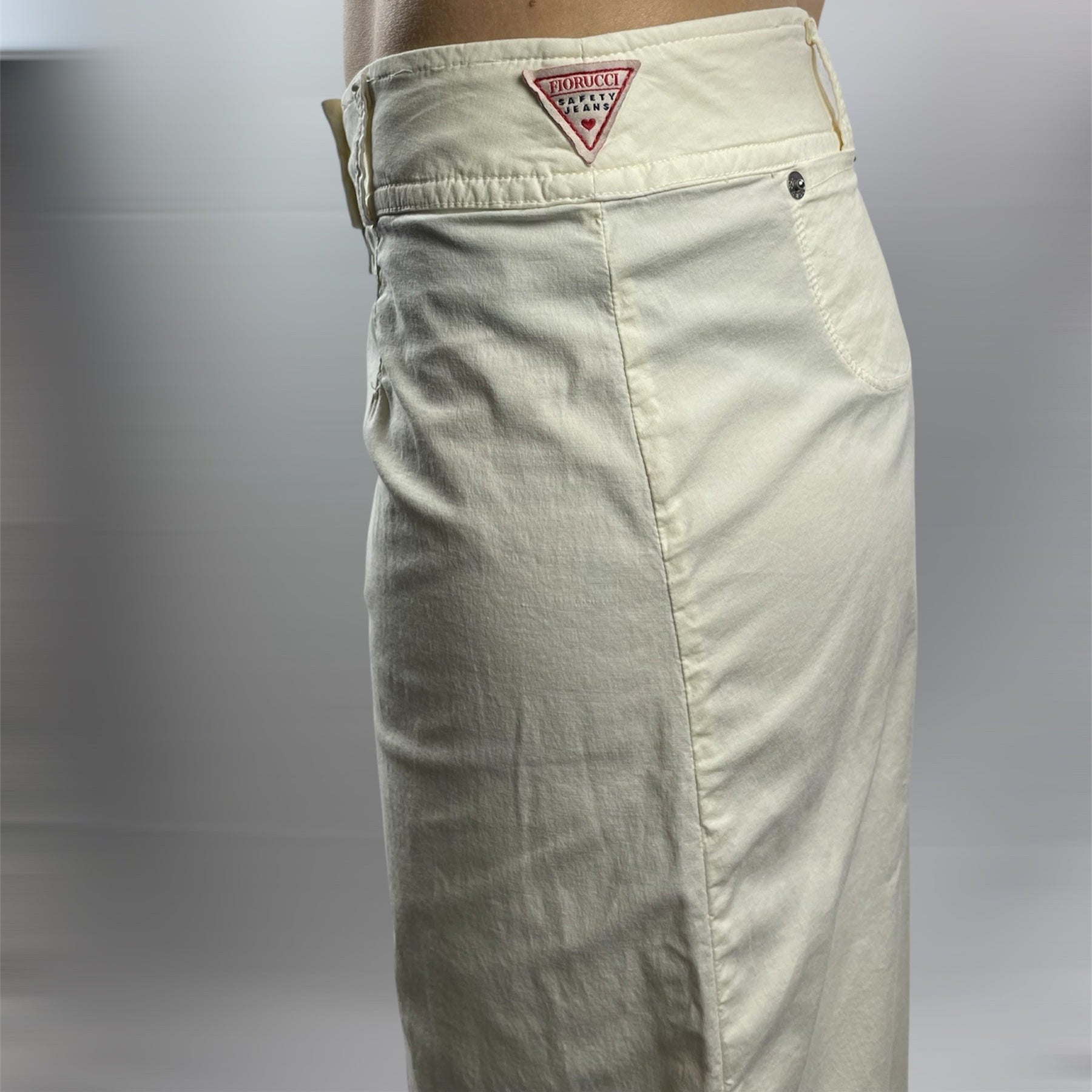 Vintage Fiorucci “Safety Jeans” Light Beige Midi Skirt - UK 8 (28” Waist)