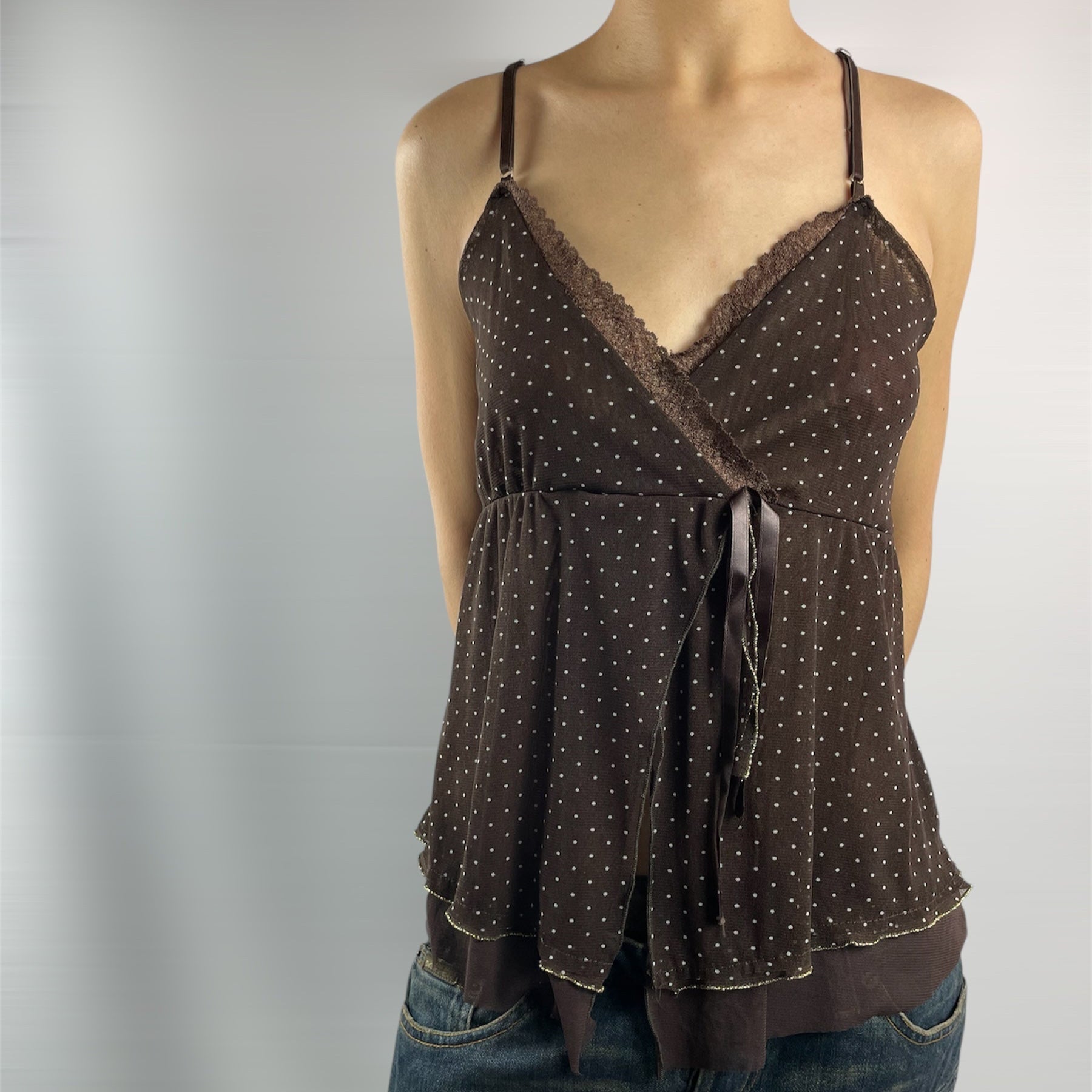 Y2K Italian Sheer Polka-Dot Cami with Tie-Back (Brown) - Size 8