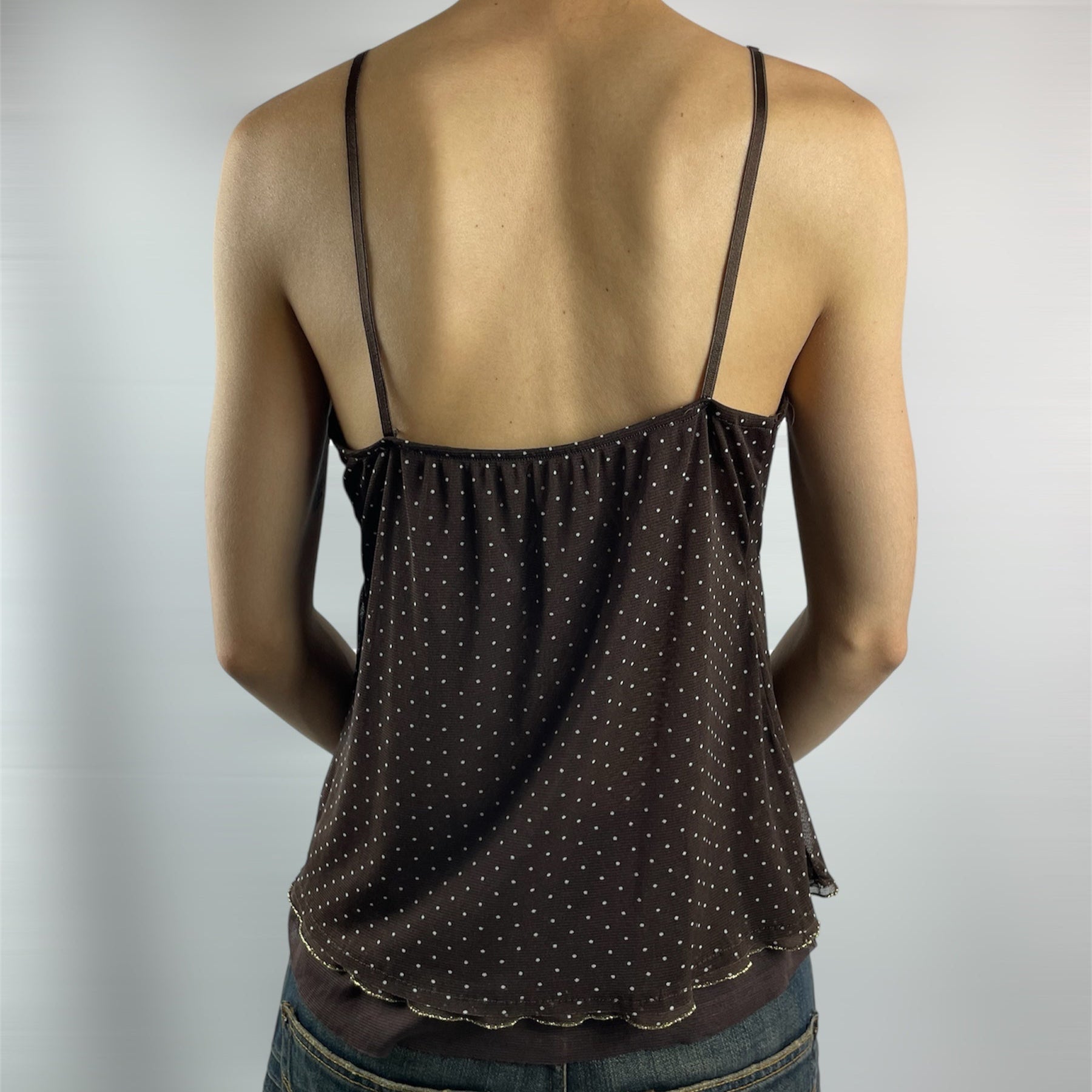 Y2K Italian Sheer Polka-Dot Cami with Tie-Back (Brown) - Size 8