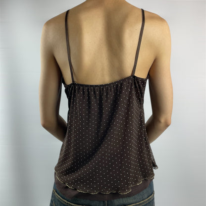 Y2K Italian Sheer Polka-Dot Cami with Tie-Back (Brown) - Size 8