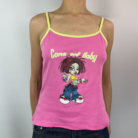 Y2K “Come on! Baby” Cartoon Cami - Pink&Lime, Size M (UK 8–10)