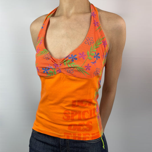Y2K Orange Mesh Halter Top - Floral Overlay, Neon Stitching (6-8)
