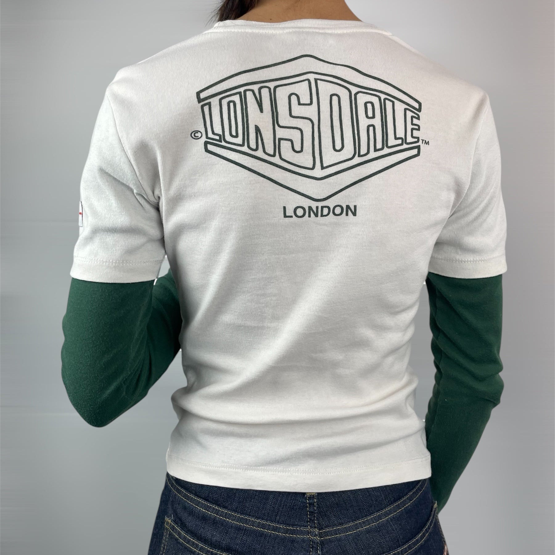 Y2K Lonsdale London “70” Layered Long-Sleeve Tee - Cream/Forest Green (UK 6–8)