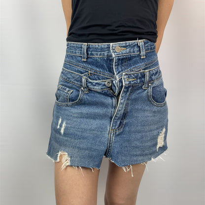 Y2K Ellence Double-Skirt Look Distressed Denim Mini - Raw Hem - W approx. 27 (6)