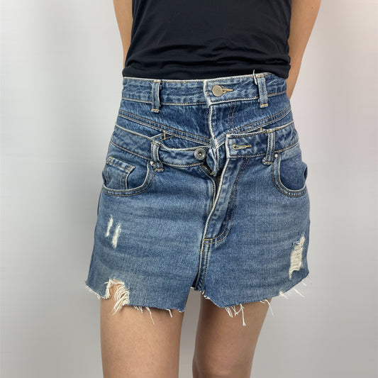 Y2K Ellence Double-Skirt Look Distressed Denim Mini - Raw Hem - W approx. 27 (6)