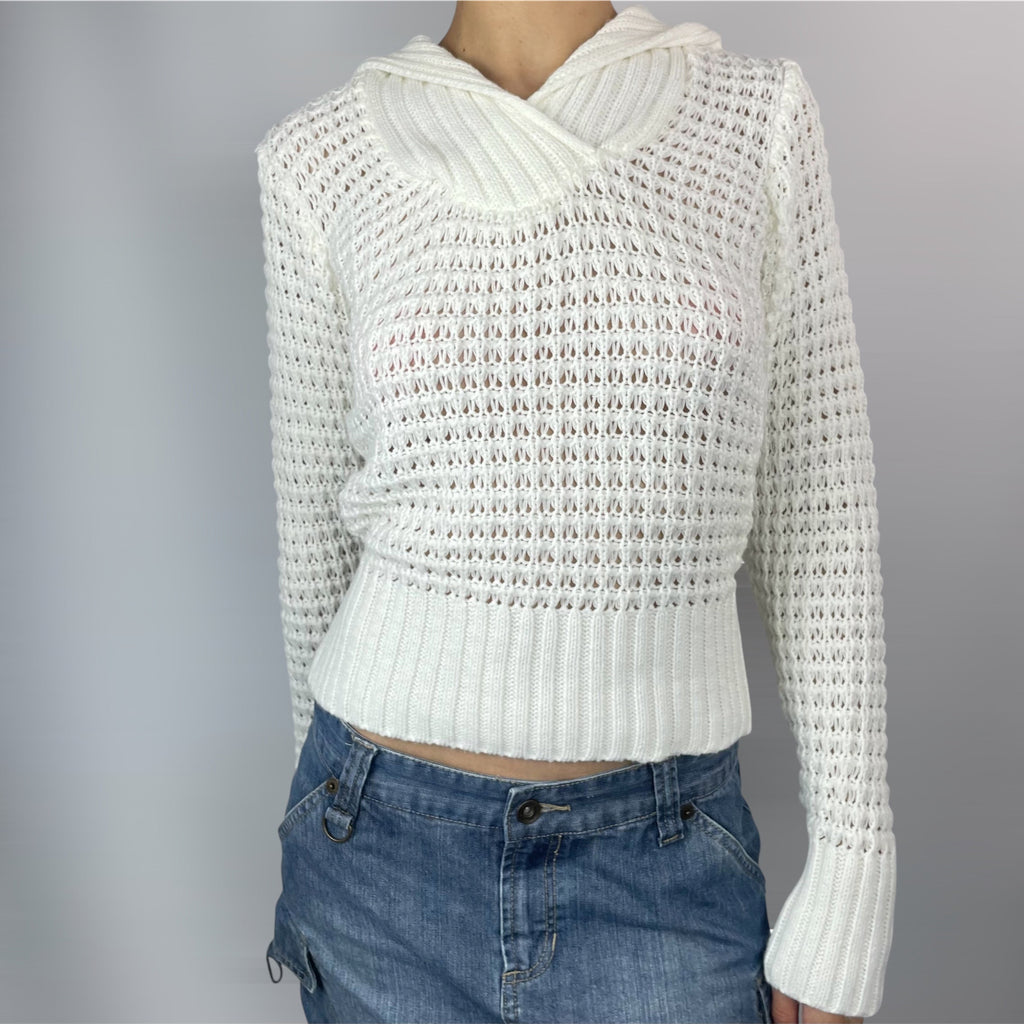 Vintage ONLY White Knit Hoodie Jumper Y2K Fitted Long Sleeve | UK 8