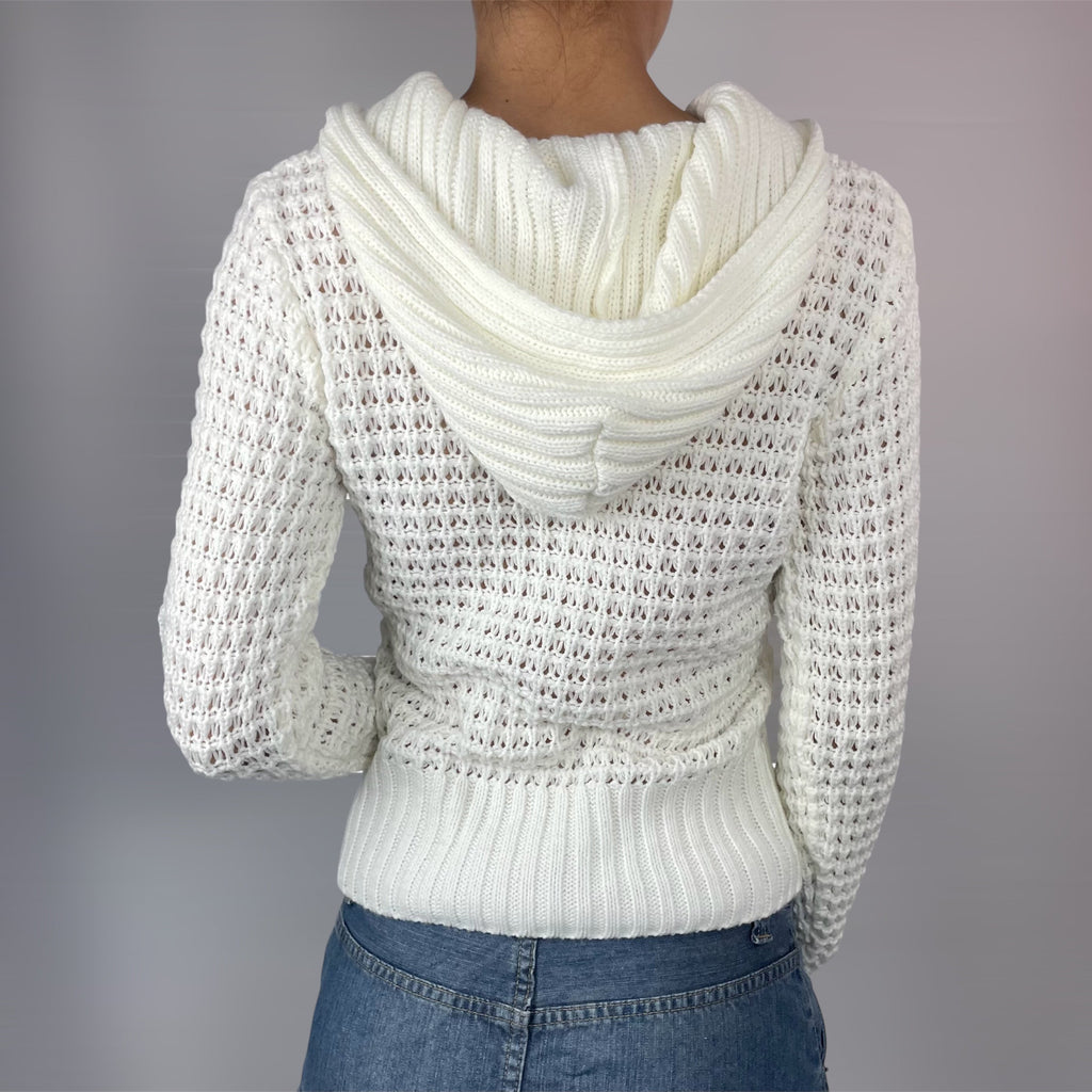 Vintage ONLY White Knit Hoodie Jumper Y2K Fitted Long Sleeve | UK 8