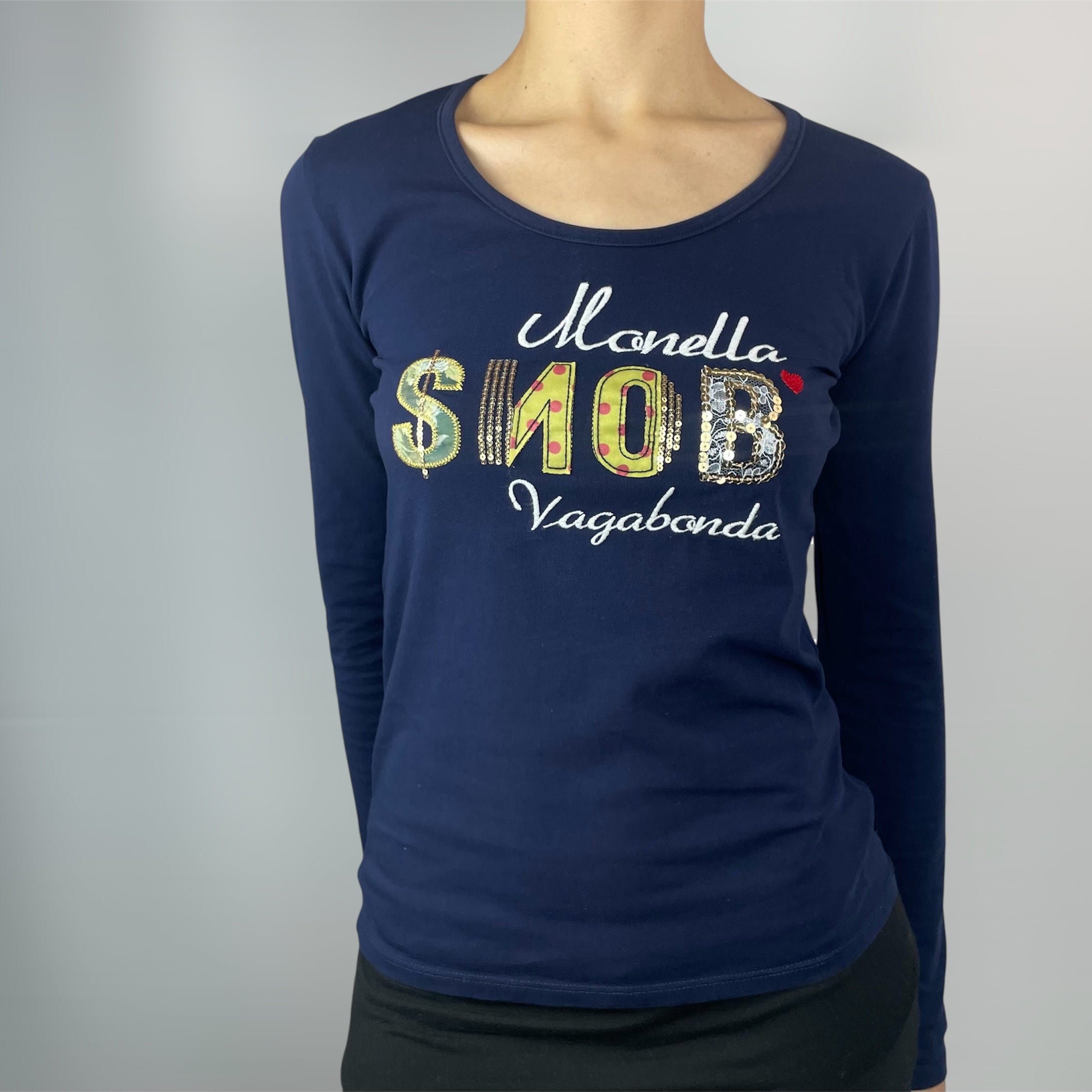 Y2K Monella Vagabonda SNOB Navy Sequin Logo Top | UK 8