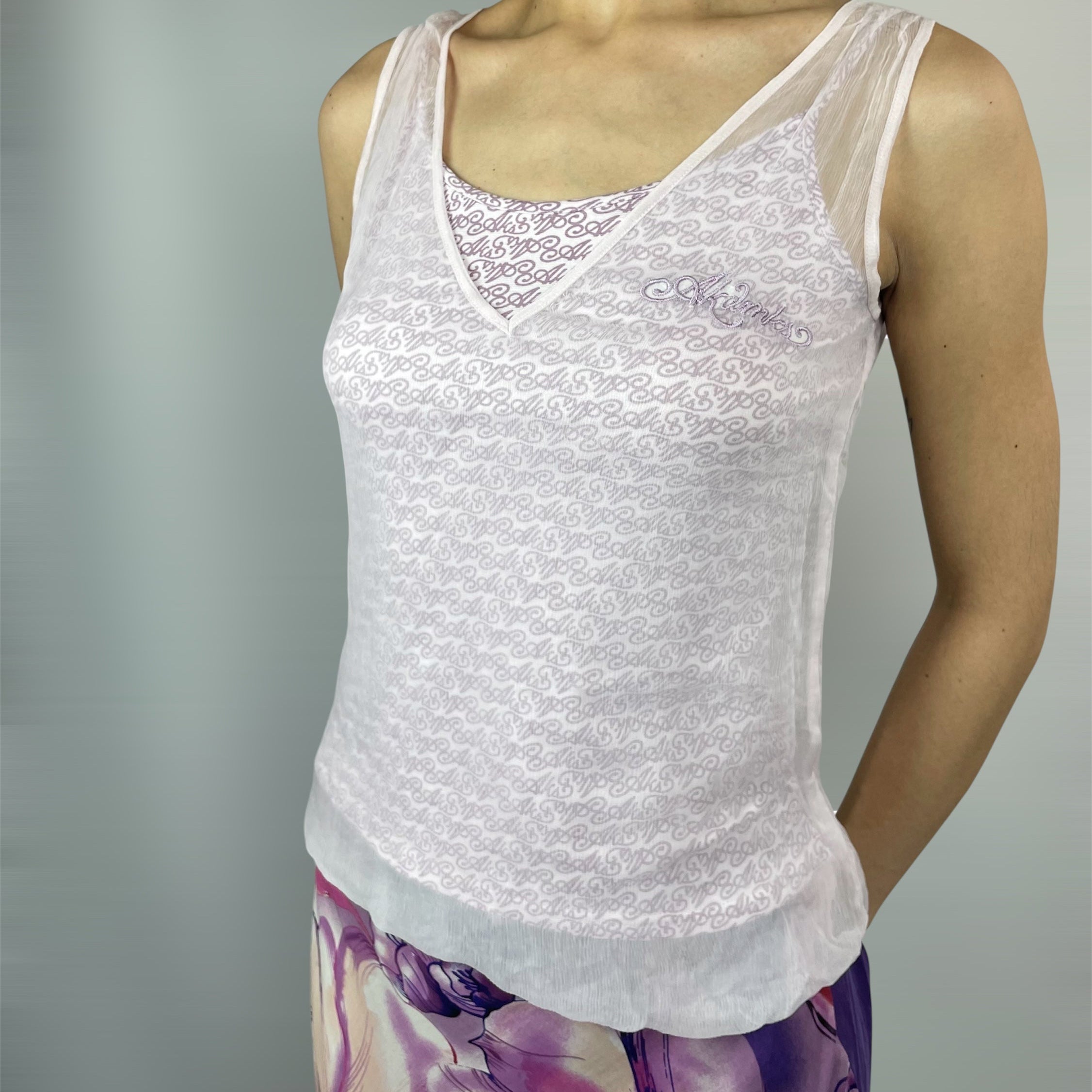 Deadstock Y2K Akdmks Mesh Layered Tank Top Logo Print | UK 8