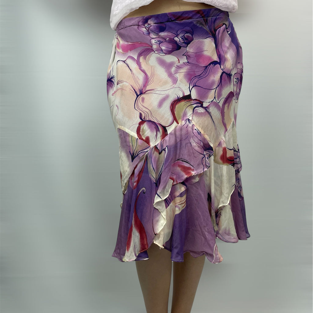 Giulia Valli Italian Purple Floral Ruffle Midi Skirt | UK 6–8