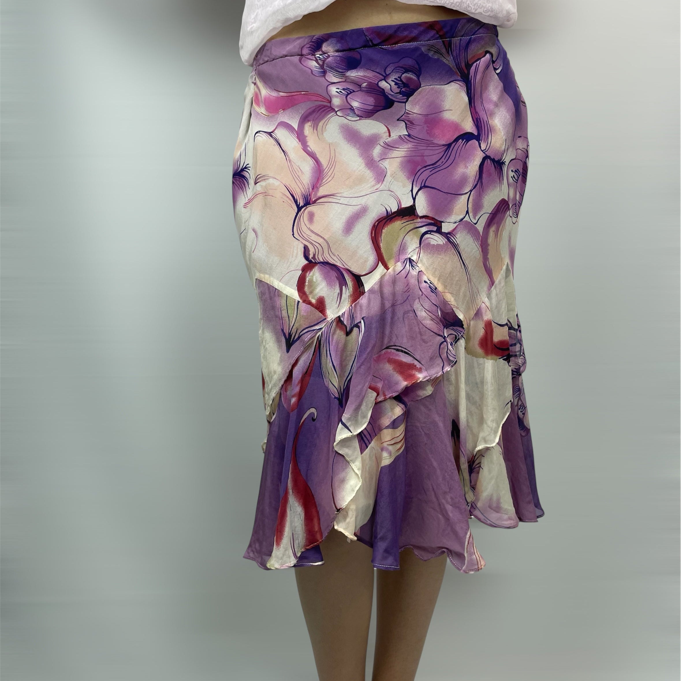Giulia Valli Italian Purple Floral Ruffle Midi Skirt | UK 6–8