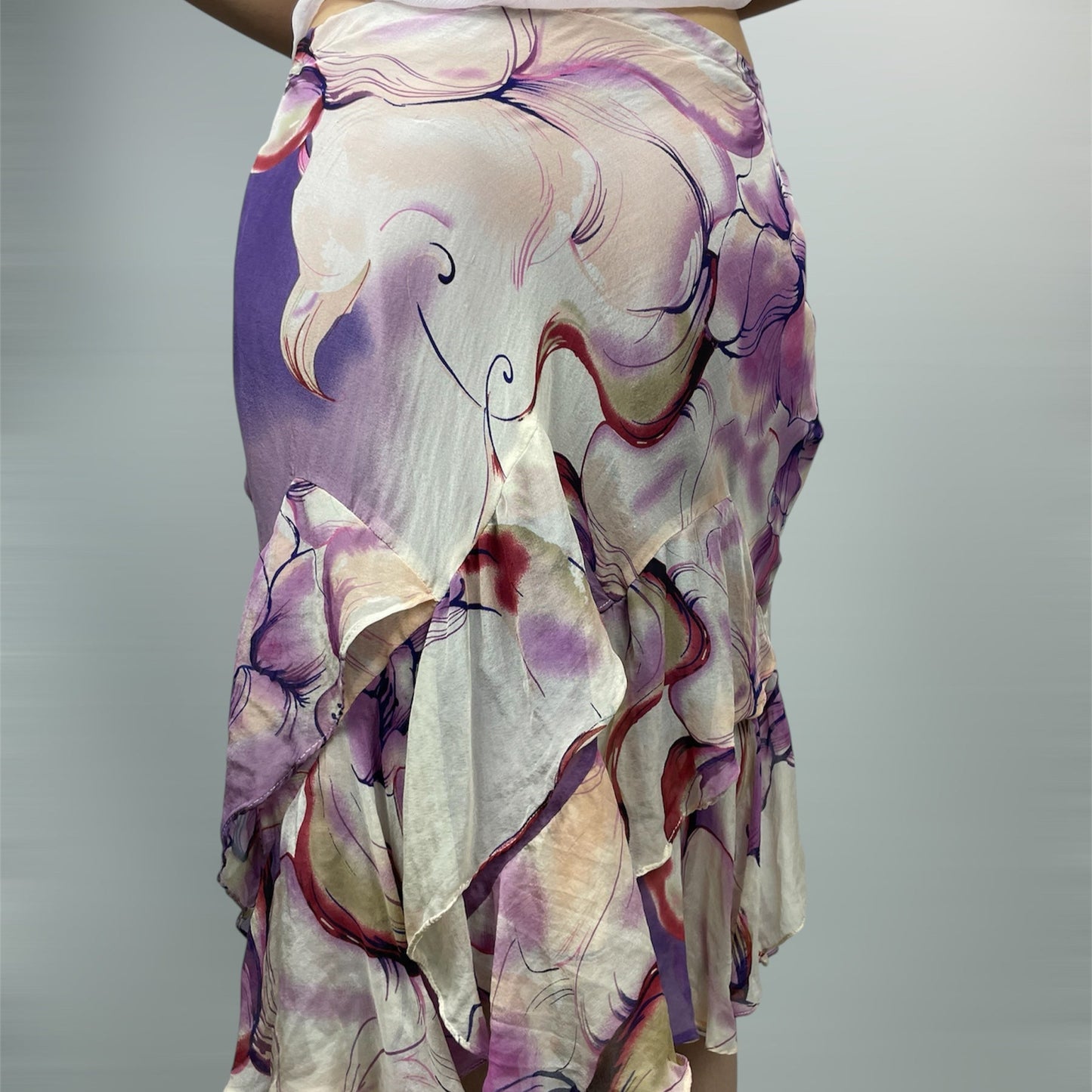Giulia Valli Italian Purple Floral Ruffle Midi Skirt | UK 6–8