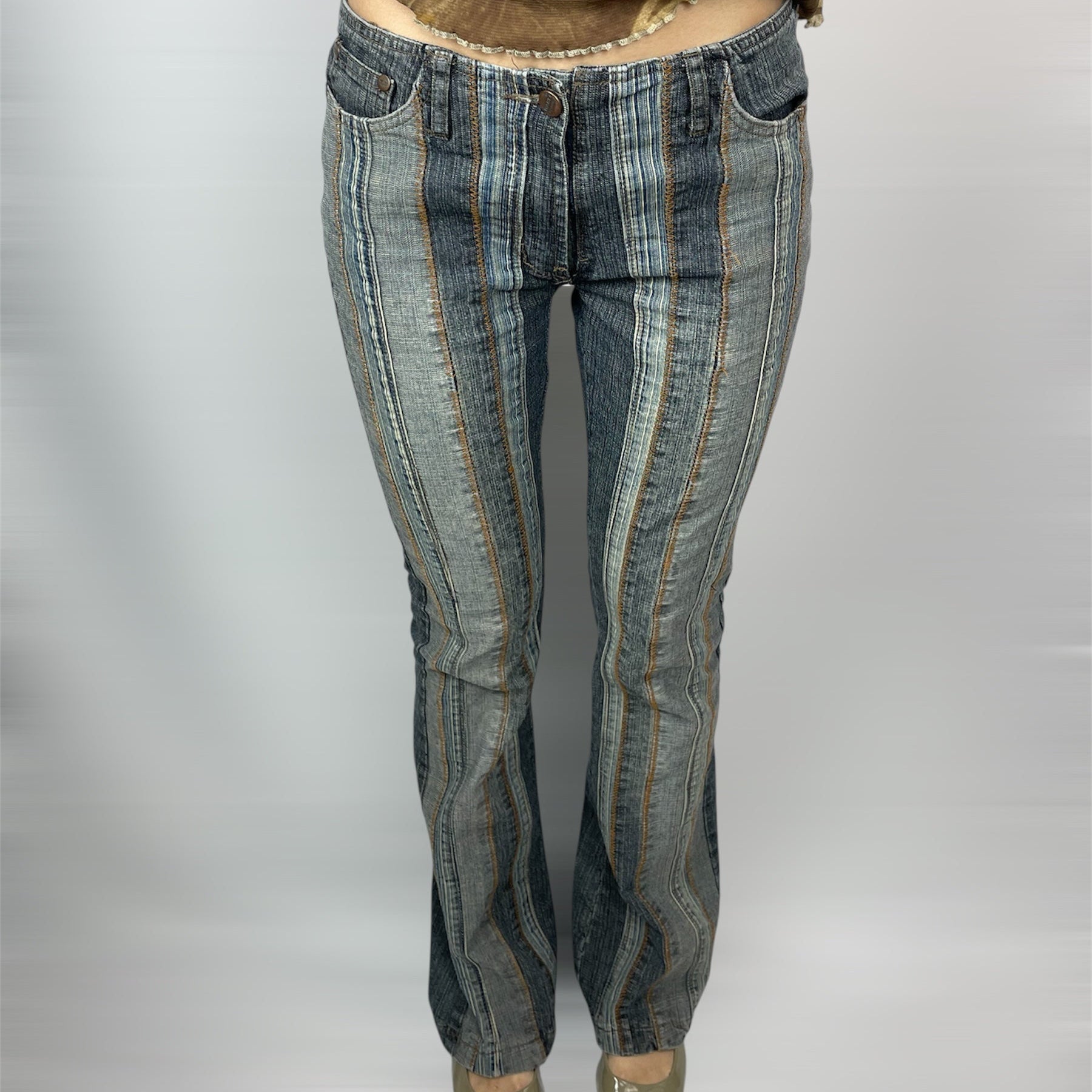 Y2K Wanli Jeans Striped Denim Flares Low Rise | W28 | UK 8