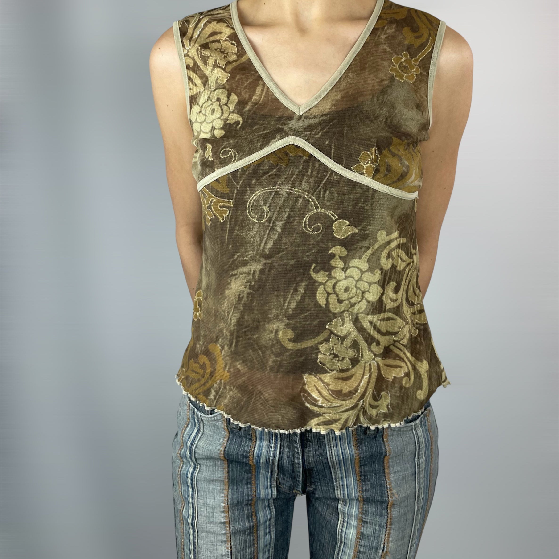 Vintage Y2K Juta Age Sheer Brown Floral Mesh Tank Top | UK 8