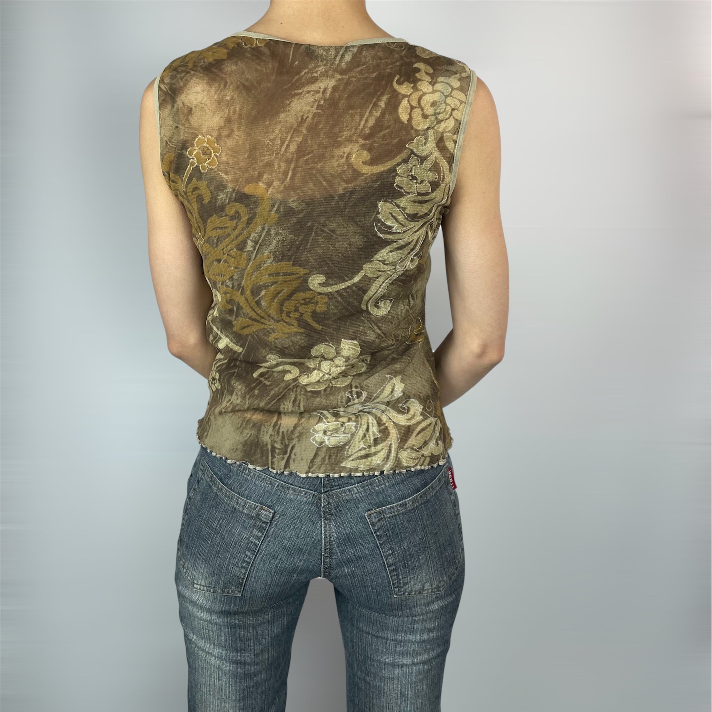 Vintage Y2K Juta Age Sheer Brown Floral Mesh Tank Top | UK 8
