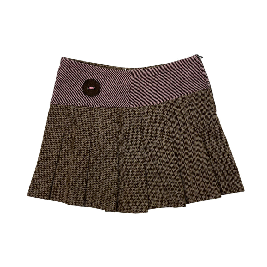 Vintage Benetton Pleated Mini Skirt Y2K Brown Pink Trim (IT 40 / UK 6-8)