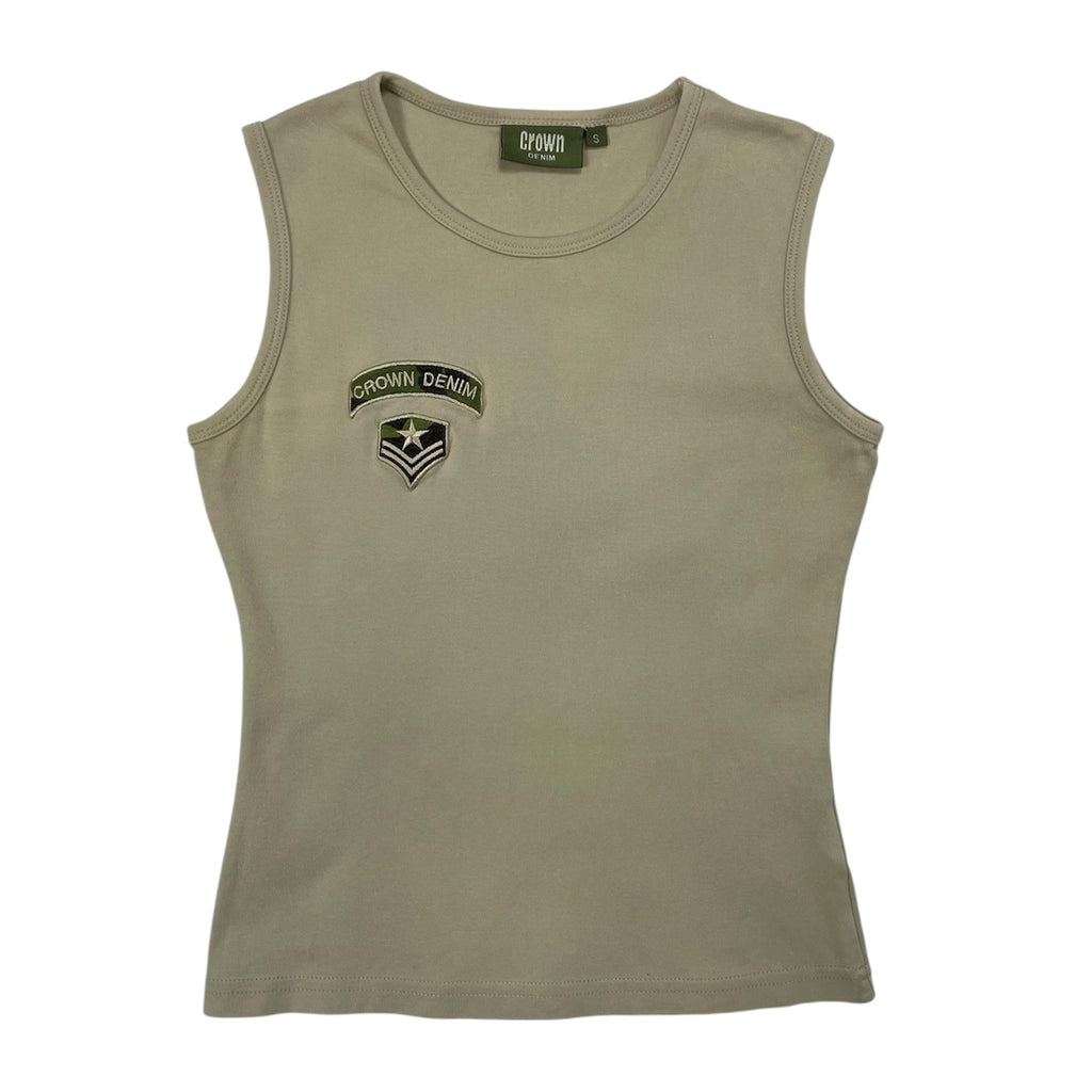 Y2K Crown Denim Military Tank Top Khaki Green - Size S (UK 6)