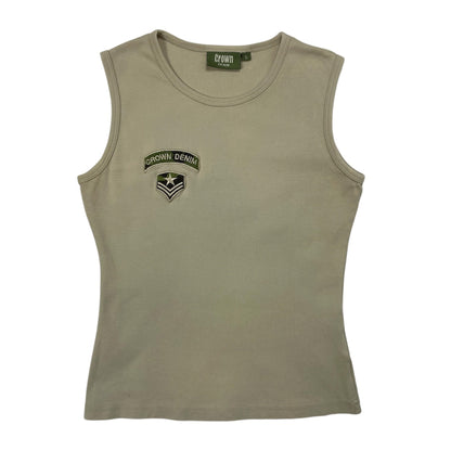 Y2K Crown Denim Military Tank Top Khaki Green - Size S (UK 6)