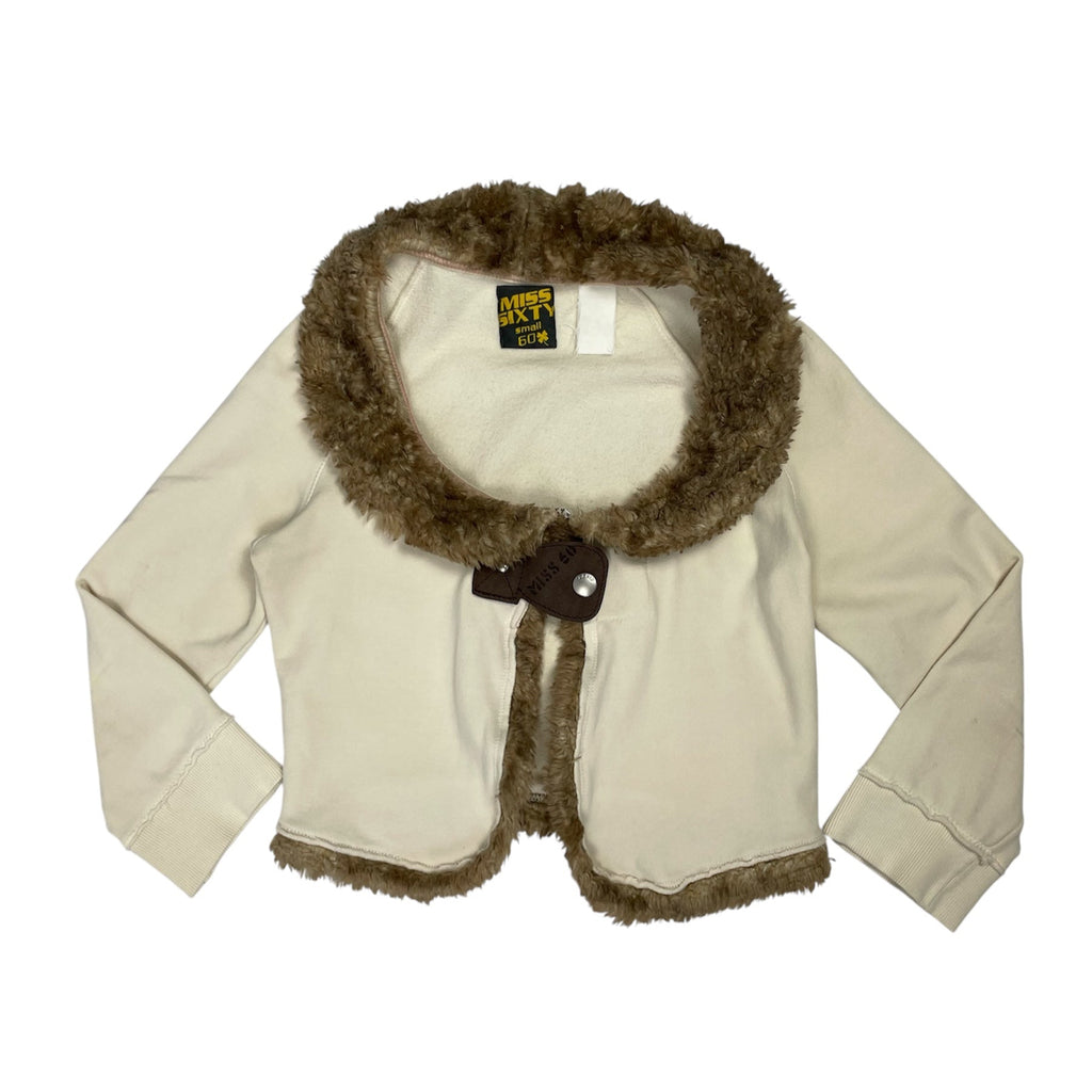 Vintage Y2K Miss Sixty Faux Fur Trim Cropped Bolero - Cream (UK 6-8)