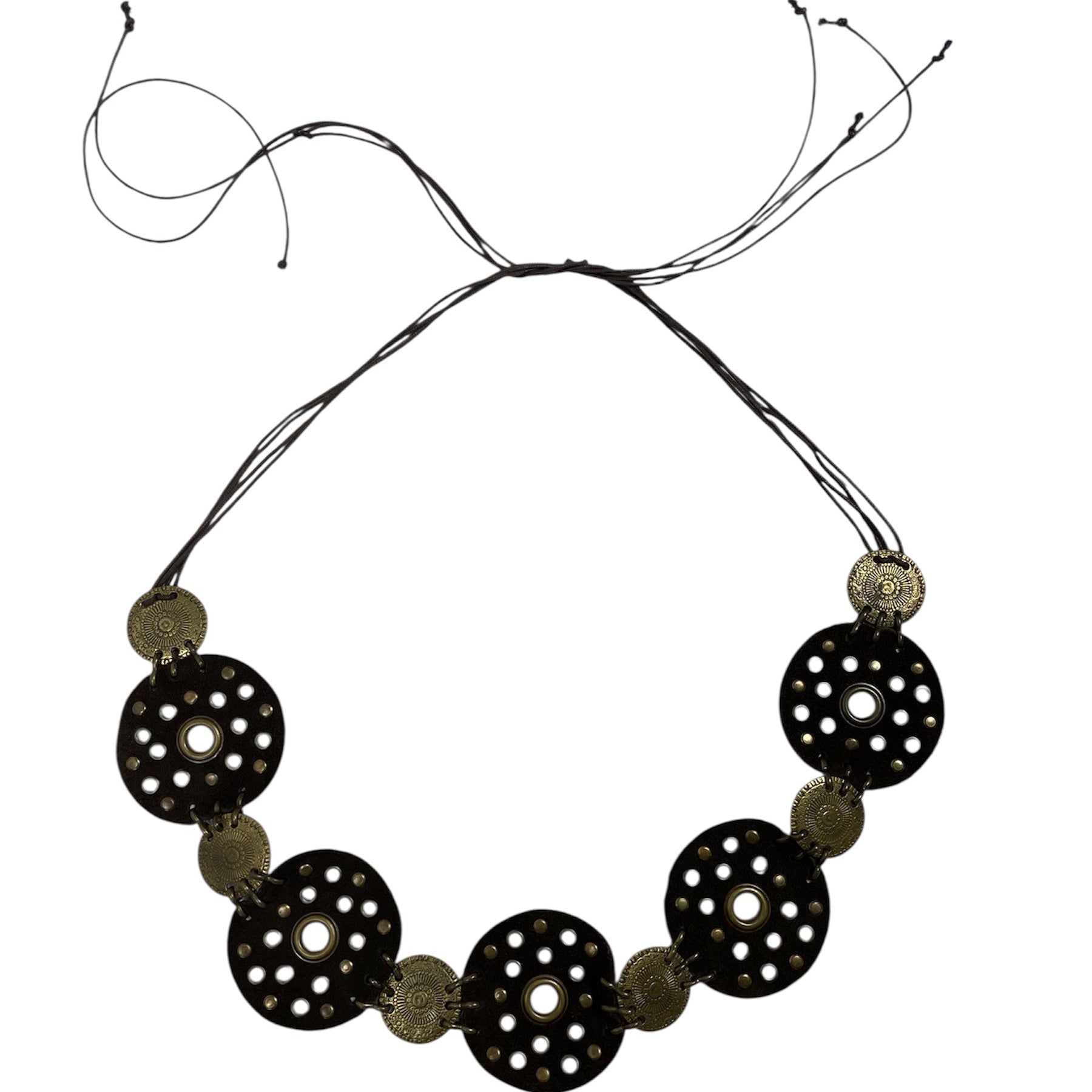 Vintage Y2K Leather & Brass Disc Tie Belt - Adjustable