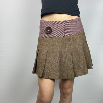 Vintage Benetton Pleated Mini Skirt Y2K Brown Pink Trim (IT 40 / UK 6-8)