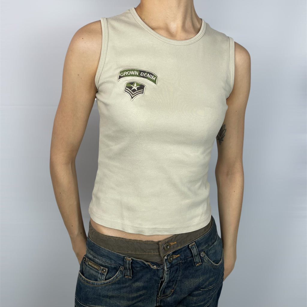 Y2K Crown Denim Military Tank Top Khaki Green - Size S (UK 6)