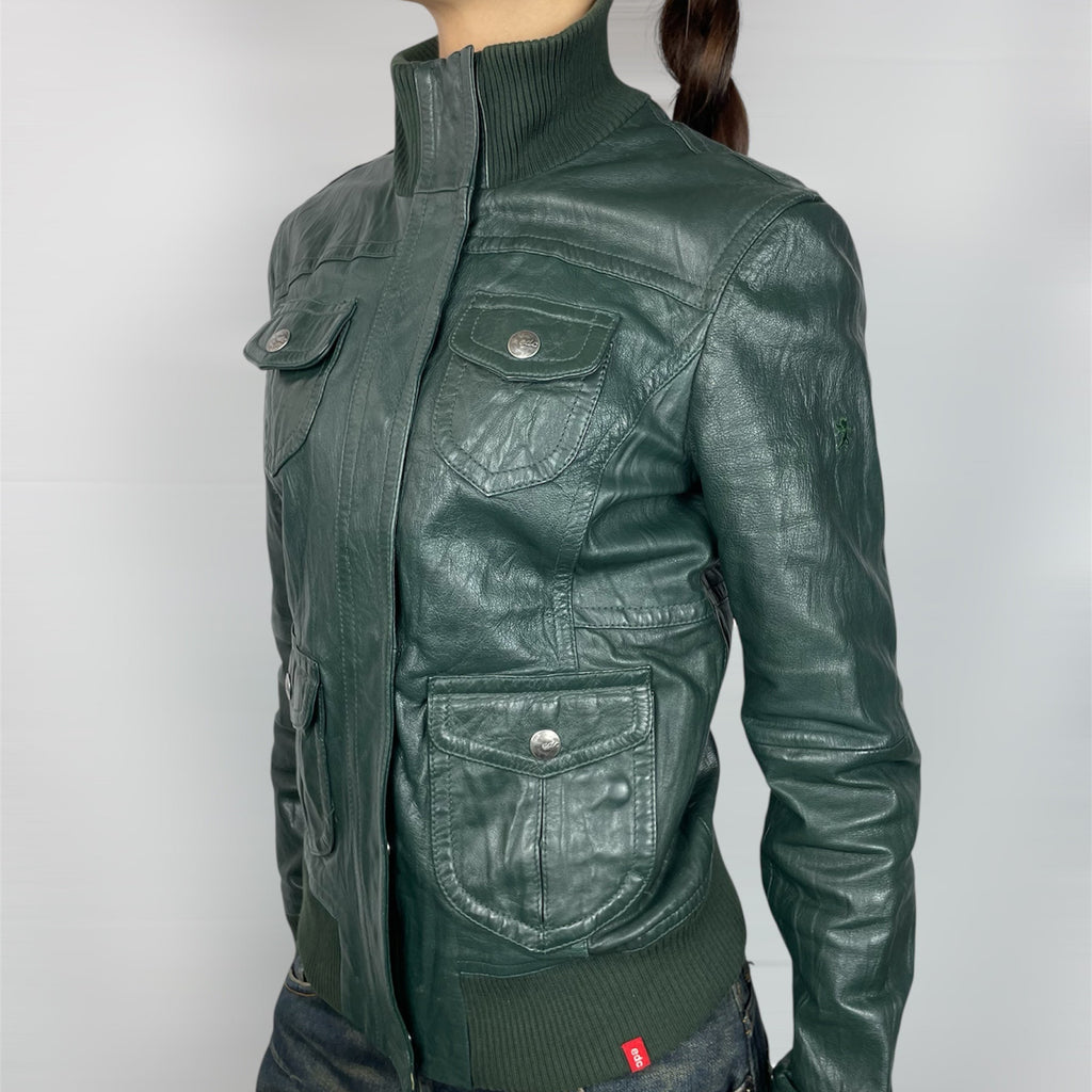 EDC by Esprit Y2K Genuine Leather Bomber Jacket (Flight Style) - UK 8