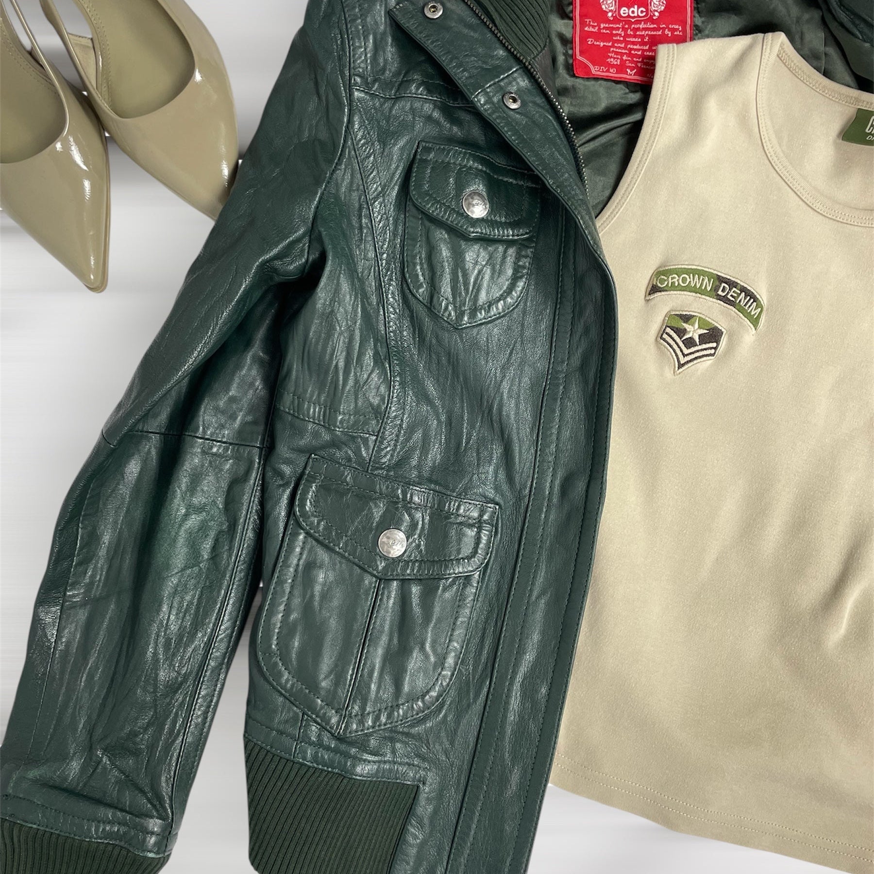 Y2K Crown Denim Military Tank Top Khaki Green - Size S (UK 6)