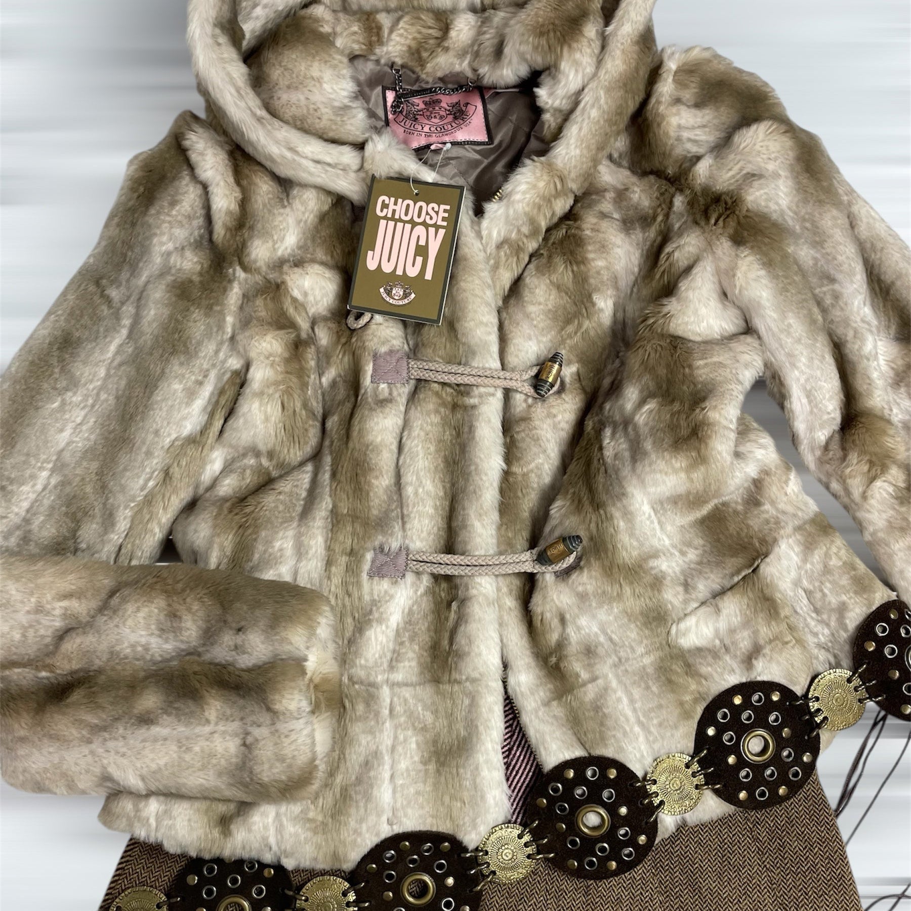 Deadstock Juicy Couture Y2K Faux Fur Toggle Coat with Hood - Best fits UK 8