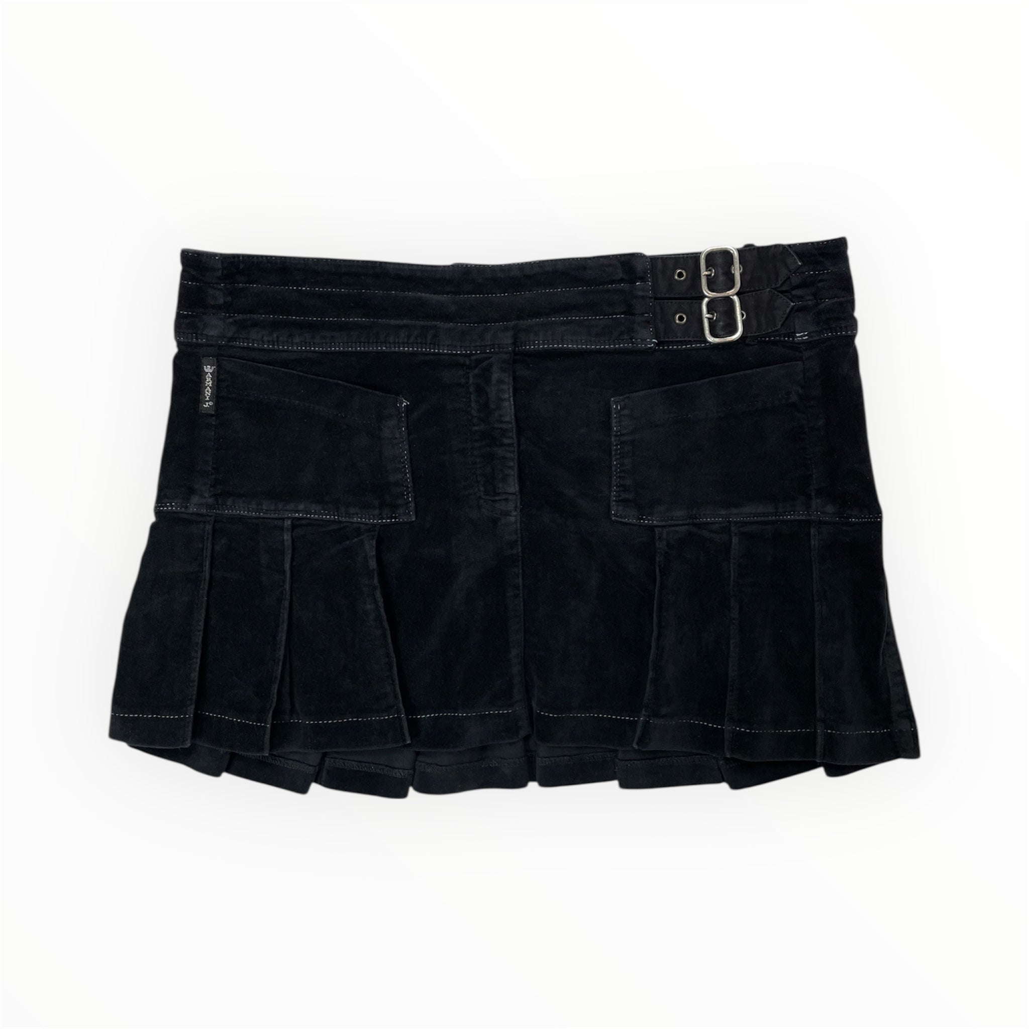 Y2K Armani Jeans Pleated Buckle Mini Skirt Black - UK 14